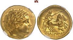 MÜNZEN DER ANTIKEN WELT AUS DIVERSEM BESITZ GRIECHISCHE MÜNZEN. MACEDONIA. KÖNIGREICH. Philippos II., 359-336 v. Chr. AV-Stater, posthum, 323/315 v. Chr., Pella; 8,60 g. Apollokopf r. mit Lorbeerkranz