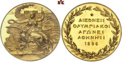 EUROPÄISCHE MÜNZEN UND MEDAILLEN GRIECHENLAND. Georg I., 1863-1913. Vergoldete Bronzemedaille 1896, von W. Pittner, Wien, auf die ersten Olympischen Spiele in Athen vom 6.-15. April, ausgegeben für di
