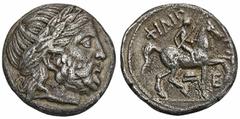 GREEK COINS MACEDONIA KÖNIGREICH. Philippos II., 359-336 v. Chr. AR-Tetradrachme, posthum, 323/315 v. Chr., Amphipolis; 13,9 g. Zeuskopf r. mit Lorbeerkranz//Reiter r. mit Zweig, unten Kausia und Ε. H