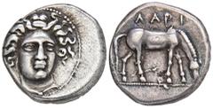 GREEK COINS THESSALIA LARISSA. AR-Drachme, 400/350 v. Chr.; 6,06 g. Nymphenkopf fast v. v.//Pferd grast r. Herrmann Tf. VIII, 5; Hoover 430; Lorber in Florilegium Numismaticum 70 (Avers stempelgleich)