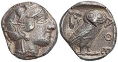 GREEK COINS ATTICA ATHEN. AR-Tetradrachme, um 420/405 v. Chr.; 17,13 g. Athenakopf r. mit attischem Helm//In Incusum: Eule r., dahinter Olivenzweig und Mondsichel. Flament Gruppe III; Hoover 1597. Kl.