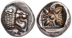 GREEK COINS IONIA MILET. AR-Diobol, 510/494 v. Chr.; 1,22 g. Löwenprotome r.//In Incusum: Blütenornament. Klein 426 f. Prachtexemplar. Herrliche Tönung, gutes vorzüglich Erworben im Januar 2019 bei de