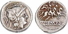ROMAN COINS MÜNZEN DER RÖMISCHEN REPUBLIK AR-Quinar, nach 211 v. Chr., Rom, anonym; 2,20 g. Romakopf r. mit geflügeltem Helm, dahinter V//Dioskuren reiten r., unten auf Balken: ROMA. BMC 9; Crawf. 44/