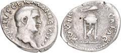 ROMAN COINS MÜNZEN DER RÖMISCHEN KAISERZEIT Vitellius, 69. AR-Denar, Rom; 3,36 g. Kopf r.//Dreifuß, darauf Delphin, darunter Rabe. BMC 3; Coh. 115; RIC² 70. Ovaler Schrötling, schön-sehr schön Die Rev