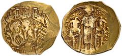 BYZANTINE COINS BYZANZ Andronicus II. und Michael IX., 1295-1320. AV-Hyperpyron (Scyphat), Constantinopolis; 4,18 g. Maria in Mauerring//Christus krönt beide Kaiser. LPC 62, 1; Sear 2396. Starke Präge
