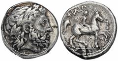 GREEK COINS MACEDONIA KÖNIGREICH. Philippos II., 359-336 v. Chr. AR-Tetradrachme, posthum, 323/315 v. Chr., Amphipolis; 13,96 g. Zeuskopf r. mit Lorbeerkranz//Reiter r. mit Zweig, unten Mondsichel und