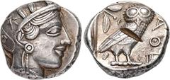 GREEK COINS ATTICA ATHEN. AR-Tetradrachme, um 420/405 v. Chr.; 16,89 g. Athenakopf r. mit attischem Helm//In Incusum: Eule r., dahinter Olivenzweig und Mondsichel. Flament Gruppe III; Hoover 1597. Fei