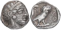 GREEK COINS ATTICA ATHEN. AR-Tetradrachme, um 420/405 v. Chr.; 16,66 g. Athenakopf r. mit attischem Helm//In Incusum: Eule r., dahinter Olivenzweig und Mondsichel. Flament Gruppe III; Hoover 1597. Obe