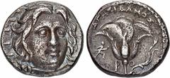 GREEK COINS CARIA RHODOS. AR-Didrachme, 250/230 v. Chr., Magistrat Agesidamos; 6,47 g. Helioskopf fast v. v.//Rose, l. läuft Artemis r. mit Fackel. Ashton, The Coinage of Rhodes 206; Historia Numorum 