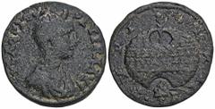 ROMAN COINS MÜNZEN DER RÖMISCHEN KAISERZEIT Antoninus IV. Elagabal, 218-222 für Aquilia Severa. Æs, Tyrus (Phoenicia); 10,93 g. Drapierte Büste r. mit Diadem//Preiskrone mit Palmzweig, darunter Purpur