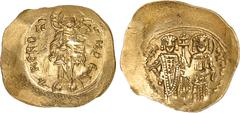 BYZANTINE COINS BYZANZ Alexios III., 1195-1203. AV-Hyperpyron (Scyphat), 1195/1197, Constantinopolis; 3,96 g. Christus steht v. v.//Kaiser und St. Constantinus stehen v. v. und halten Patriarchenkreuz
