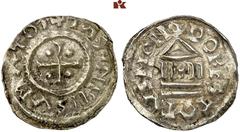 EUROPEAN COINS AND MEDALS FRANKREICH/KAROLINGER Lothar I. 840-855. Denar (Denier), Dorestad. 1.72 g. + IOTAMVSIIPNPAT (retrograd) Kreuz, in den Winkeln je eine Kugel//+ DORESTATVS MON Kirchengebäude. 