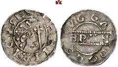 EUROPEAN COINS AND MEDALS NIEDERLANDE, FRIESLAND Grafschaft. Bruno III. 1038-1057. Denar (Denier of Penning), Dokkum, mit Titel Heinrichs III. 0,62 g. ‰ HENRICVSRE Gekrönter Kopf r. mit Zepter//VGGA -