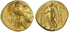 GRIECHISCHE MÜNZEN MACEDONIA Alexander III., 336-323 v. Chr AV-Stater, 336/323 v. Chr., unbestimmte Münzstätte; 8,54 g. Athena kopf r. in korinthischem Helm//Nike steht l. mit Kranz und Stylis, l. unt