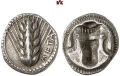 Druckrey Collection: GREEK COINS LUCANIA METAPONT. AR-Triobol, 470/440 v. Chr.; 1.27 g. Ähre//Ochsenkopf incus. Noë vergl. 284 ff.; Rutter, Historia Numorum 1487; Hoover 1071; Lathe Biosas -. Selten i