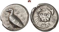 Druckrey Collection: GREEK COINS SICILIA AKRAGAS. AR-Tetradrachme, 465/440 v. Chr.; 17.18 g. Adler steht l.//Krebs, darunter in florale Elemente auslaufende, liegende Doppelspirale. Westermark, Akraga