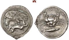 Druckrey Collection: GREEK COINS SICILIA AKRAGAS. AR-Hemidrachme, 420/410 v. Chr.; 2.06 g. Adler l. auf Hasen//Krebs, darunter Fisch r. Westermark, Akragas 547.1 (dies Exemplar); Hoover -; Lathe Biosa