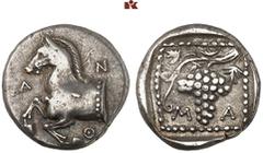 Druckrey Collection: GREEK COINS THRACIA MARONEIA. AR-Triobol, 377/365 v. Chr.; 2.87 g. Pferdeprotome l.//In Incusum: Perlquadrat, darin Weinstock. Schönert-Geiss 236 ff; Corpus Nummorum Online cn typ