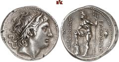 Druckrey Collection: GREEK COINS MACEDONIA KÖNIGREICH. Demetrios Poliorketes, 306-283 v. Chr. AR-Tetradrachme, 291/290 v. Chr. Chalkis; 16.85 g. Kopf r. mit Diadem und Stierhorn//Poseidon steht l. mit