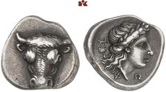 Druckrey Collection: GREEK COINS PHOCIS FÖDERATION. AR-Triobol, 352/351 v. Chr.; 2.79 g. Stierkopf v. v.//In Incusum: Artemiskopf r. l. Lyra. Williams 373 a (dies Exemplar); Slg. BCD 306.1; Lathe Bios