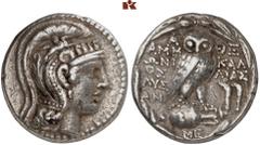Druckrey Collection: GREEK COINS ATTICA ATHEN. AR-Tetradrachme, Metageitnion (= August/September) 118 v. Chr.; 16.66 g. Athenakopf r. mit attischem Helm//In Kranz: Eule auf Amphore v. v. r. zwei Facke