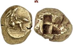 Druckrey Collection: GREEK COINS MYSIA KYZIKOS. El-Stater, 500/475 v. Chr.; 16.11 g. Jüngling kniet r. mit Messer und Thunfisch//Viergeteiltes Incusum. SNG France 254; v. Fritze 113; Corpus Nummorum O