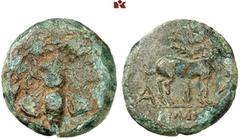 Druckrey Collection: GREEK COINS IONIA EPHESOS. Æs, spätes 2. Jahrhundert v. Chr.; 2.77 g. In Kranz: Biene//Hirsch steht r. dahinter Palme. SNG Cop. vergl. 299 ff.; SNG Kayhan -, vergl. 320; Lathe Bio