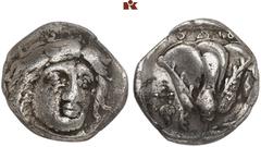 Druckrey Collection: GREEK COINS CARIA RHODOS. AR-Didrachme, 340/316 v. Chr.; 6.72 g. Helioskopf fast v. v.//Rose, l. Weintraube über E. Ashton, The Coinage of Rhodes 98; SNG Keckman 436 ff; Hoover 14