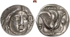 Druckrey Collection: GREEK COINS CARIA RHODOS. AR-Tetradrachme, 316/305 v. Chr.; 14.90 g. Helioskopf fast v. v.//Rose, l. Weintraube, r. E. Ashton u. a. The Hecatomnus Hoard 228 a (dies Exemplar); Ash