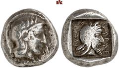 Druckrey Collection: GREEK COINS LYCIA Kherei. AR-Stater, 430/410 v. Chr. Xanthos; 8.54 g. Athenakopf r. mit attischem Helm//In Incusum: Kopf r. mit Kyrbasia. Müseler VI, 28; Müseler in SNR 98 (2020),