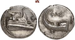 Druckrey Collection: GREEK COINS LYCIA PHASELIS. AR-Stater, 400/360 v. Chr.; 10.41 g. Prora r. geschmückt mit Kranz, r. Weintraube//Schiffsheck l. Heipp-Tamer - (Serie 6); Müseler -; Lathe Biosas -. R