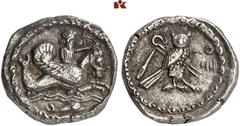 Druckrey Collection: GREEK COINS PHOENICIA TYROS. Azemilkos, nach 347 v. Chr. AR-Stater, Jahr 14 (= 336/335 v. Chr.); 8.91 g. Melqart auf Hippocamp r. mit Pfeil und Bogen, unten Wellen und Delphin//Eu