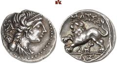 GREEK COINS GALLIA MASSALIA. AR-Tetrobol, 130/121 v. Chr.; 2.81 g. Drapierte Büste der Artemis r. über der Schulter Köcher//Löwe l. Depeyrot 44/2. Feine Tönung, fast vorzüglich Exemplar der Auktion Ka