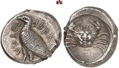 GREEK COINS SICILIA AKRAGAS. AR-Tetradrachme, 465/440 v. Chr.; 17.53 g. Adler steht l.//Krebs, der Panzer mit menschlichen Gesichtszügen. Westermark, Akragas 349 a.1 (dies Exemplar); Hoover 77. Herrli
