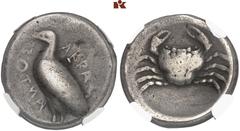 GREEK COINS SICILIA AKRAGAS. AR-Tetradrachme, 465/440 v. Chr.; 17.14 g. Adler steht l.//Krebs. Westermark, Akragas - (O 8/R 26). Feine Patina, schön In US-Plastikholder der NGC mit der Bewertung VG, S