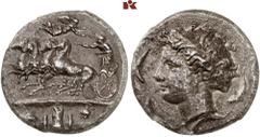 GREEK COINS SICILIA SYRAKUS. AR-Dekadrachme, 400/370 v. Chr. signiert von Euainetos; 40.87 g. Quadriga im Galopp l. der Lenker, von fliegender Nike bekränzt, streckt den Treibstab weit vor; im Abschni