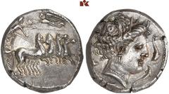GREEK COINS SICILIA PUNIER. AR-Tetradrachme, 350/330 v. Chr. Rasch Melqart (= Kephaloidion ?); 17.07 g. Quadriga r. Nike bekränzt Lenker//Weiblicher Kopf r. von vier Delphinen umgeben. Jenkins I, 48; 
