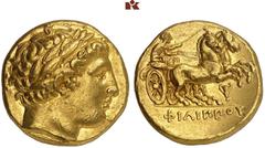 GREEK COINS MACEDONIA KÖNIGREICH. Philippos II. 359-336 v. Chr. AV-Stater, 340/328 v. Chr. Pella; 8.59 g. Apollokopf r. mit Lorbeerkranz//Biga r. darunter Kantharos. Le Rider vergl. Pl. 57, 145; Hoove