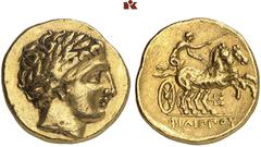 GREEK COINS MACEDONIA KÖNIGREICH. Philippos II. 359-336 v. Chr. AV-Stater, 340/328 v. Chr. Pella; 8.39 g. Apollokopf r. mit Lorbeerkranz//Biga r. darunter Dreizack. Le Rider 251 a (dies Exemplar); Hoo