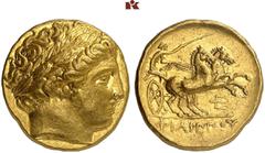 GREEK COINS MACEDONIA KÖNIGREICH. Philippos II. 359-336 v. Chr. AV-Stater, 340/328 v. Chr. Pella; 8.61 g. Apollokopf r. mit Lorbeerkranz//Biga r. darunter Dreizack. Le Rider 333; Hoover 846. Attraktiv