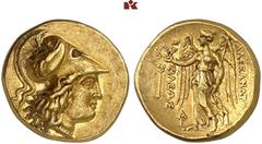 GREEK COINS MACEDONIA KÖNIGREICH. Alexander III. 336-323 v. Chr. AV-Stater, 328/320 v. Chr. Arados; 8.57 g. Athenakopf r. in korinthischem Helm//Nike steht l. mit Kranz und Stylis, davor Kerykeion. Pr