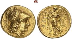 GREEK COINS MACEDONIA KÖNIGREICH. Alexander III. 336-323 v. Chr. AV-Stater, posthum, 310/301 v. Chr. Abydus (?); 8.58 g. Athenakopf r. in korinthischem Helm//Nike steht l. mit Kranz und Stylis, davor 