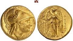 GREEK COINS MACEDONIA KÖNIGREICH. Philippos III. 323-316 v. Chr. AV-Stater, 323/317 v. Chr. Abydos; 8.63 g. Athenakopf r. mit korinthischem Helm//Nike steht l. mit Kranz und Stylis, davor Monogramm un