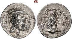 GREEK COINS ATTICA ATHEN. AR-Tetradrachme, Metageitnion (= August/September) 136 v. Chr.; 17.02 g. Athenakopf r. mit attischem Helm//In Kranz: Eule auf Amphore mit Β v. v. l. Keule, Löwenfell und Boge
