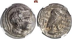 GREEK COINS ATTICA ATHEN. AR-Tetradrachme, Pyanopsion (= Oktober/November) 134 v. Chr.; 16.76 g. Athenakopf r. mit attischem Helm//Im Kranz: Eule auf Amphore mit Δ v. v. l. Anker und Stern. Thompson 3