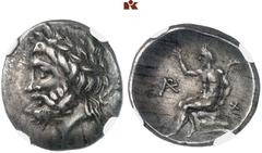 GREEK COINS PELOPONNESUS ARCADIA. MEGALOPOLIS. AR-Triobol, um 320/275 v. Chr.; 2.90 g. Zeuskopf l. mit Lorbeerkranz//Pan sitzt l. mit Lagobolon. Dengate Periode I, 3, 13; Slg. BCD 1526; Hoover 929. He