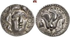 GREEK COINS CARIA RHODOS. AR-Tetradrachme, 205/190 v. Chr. Magistrat Stasion; 13,52 g. Helioskopf fast v. v.//Rose, l. Omphalos, um den sich eine Schlange windet. Ashton, The Coinage of Rhodes 261; Ho