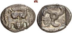 GREEK COINS LYCIA Mithrapata. AR-Stater, 390/370 v. Chr.; 9.68 g. Löwenmaske v. v.//In Incusum: Triskelis, l. Herakleskopf mit Löwenfell und Keule. Mildenberg, Vestigia Leonis Tf. XXXV, 14; Müseler VI