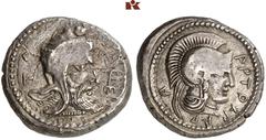 GREEK COINS LYCIA Artumpara. AR-Stater, um 370 v. Chr. Tlos; 8.09 g. Kopf r. mit Kyrbasia//Athenakopf r. mit attischem Helm. Müseler VIII, 31 (dies Exemplar). Von allergrößter Seltenheit. Attraktives 