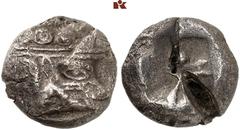 GREEK COINS LYCIA PHASELIS. AR-Stater, 520/480 v. Chr.; 10.28 g. Prora in Form eines Eberkopfes r.//Incusum, darin zwei Parallelen und ein Dreieck. Heipp-Tamer 29.3 (dies Exemplar); Müseler vergl. IX,